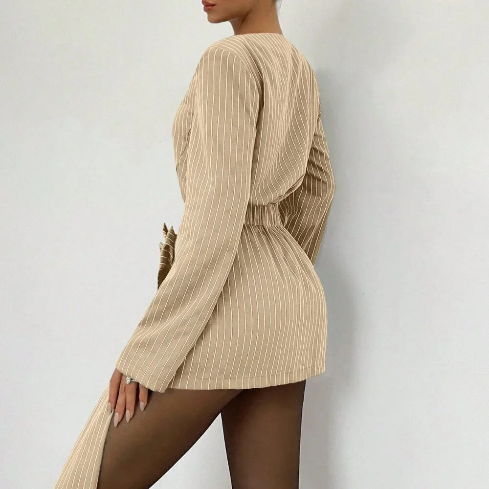 beige Casual Women's 3d Rose striped top & Mini Skirt set